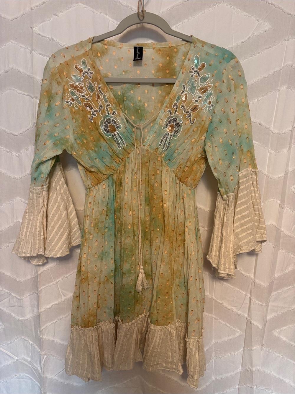 Sacred Threads Mint & Gold Polka Dot Tie-Front Tunic